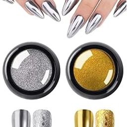 RUBYFACE Colors Chrome Nail Powder Set, Reflective Glitter Metallic Mirror Effect for Nails Art Design 3D Holographic Silver Rose Gold Pigment (2- PCS, Gold - Silver)-26