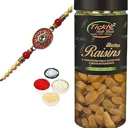 Designer Trendy Rakhi for Brother Gift Combo with Kishmish Jar 250gms & Personal Message, Roli Tikka Chandan Chawal Mishri Special Pack for Bhai Bhaiya-image-59