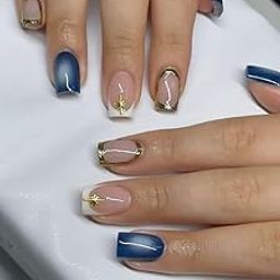 FWS Artificial Nails Set (Set Of 20) Press On Reusable Nails,FakeNails, BridalNails,Stick-On Nails,Manicure Art Set, Gel Stickers, Glue Extensions, Acrylics,Polygel False Nails,DesignerNails | Nail Glue, Nail file, cuticle pusher, cleaning wipe| Glossy Nude,Blue Golden Chrome-34