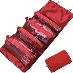 Awestuffs 4 in 1 Detachable Toiletry Bag Hanging Roll-Up Makeup Bag Large Capacity Travel Mesh Cosmetic Bag Portable Foldable Toiletry Bag Waterproof Cosmetic Organizer Bag for Travel Daily (Maroon)-image-56