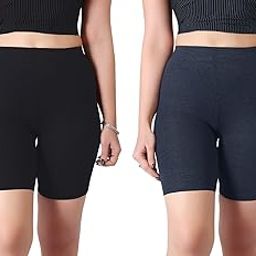 Women worth Cotton Stretchable Cycling Shorts for Girls Combo Pack 2 Knee Length Tights Fit Under Skirts Sports Gym Yoga Running Panties-image-3