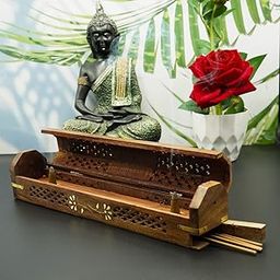 ADA Handicraft Sheesham Wooden Incense Stick Box Holder Dhoop Stand Ash Catcher Decorative Cones, With Storage Compartment- For Small Size Agarbatti(Rectangular)-12