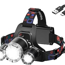 WdtPro Headlamp Rechargeable High Lumes, Lightweight Head Lamp with 3 Powered Bright LED Headlights, 90°Adjustable 4+2 Modes & Tail Lights Waterproof Headlamp for Adult Outdoor Camping Hunting-image-5