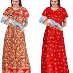 Women's Cotton Maternity Feeding Nighty, Floral Print, Red, Pack of 2-image-65