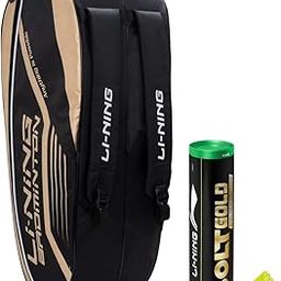 Li-Ning Hot Shot Triple Zipper Polyester Badminton Kit Bag (Black, Gold) Bolt Gold (6 in 1 Nylon Shuttlecock), Yellow-image-2