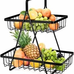 Go Hooked Counter-top 2 Tier Fruit Basket ideal for Dining Table, Centre Table | Metal Fruit Bowl or Bread Basket Vegetables Storage Organizer Holder (Black)-30