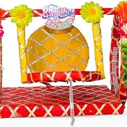 Handcrafted Decorative Jhula for Laddu Gopal – Birthday Theme Swing with Floral Accents and Cushioned Seat (Red-Yellow) by Shagun World-17