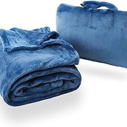 Fold ‘n Go Travel and Throw Blanket Plus Compact Case - for Home and Travel - Doubles as Lumbar Pillow and Neck Support Pillow - French Microfiber Comfort - Blue-image-98