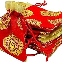 KRIWIN Pack of 50 Small Size Silk Potli Gift Bags Coin Bags Printed (15 X 10 cm) Drawstring Closure-45