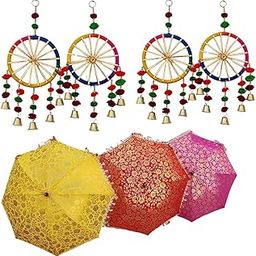 SVDK Wedding Umbrella and 4 Colourful Hanging Chakhri | Assorted Colours | Sangeet Haldi Mehendi Decor | Backdrop Prop Decoration - Pack of 3-image-61