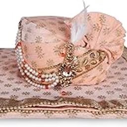 Men Cotton Blend Printed Groom's Safa Shawl Stole Set, Wedding Safa/Turban with Stole, Dulha Groom Pagdi Dupatta (Beige)-image-10