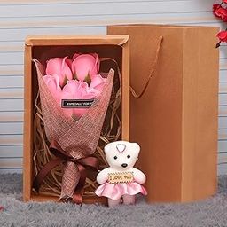 TIED RIBBONS Valentine Gift for Girlfriend Wife Girls - Artificial Rose Flowers Bouquet with Teddy and Carry Bag - Valentines Day Gift-image-62