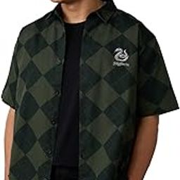 Harry Potter: Slytherin Argyle Men and Boys Short Sleeves Collared Neck Button Front Dark Green Checkered Embroidered Cotton Oversized Shirt-image-69