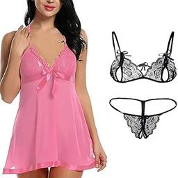 G Gerry Weber Women's Lace Trim Babydoll Nightwear Set with Bra and Panty, Above Knee Length, Free Size, Pink-image-87