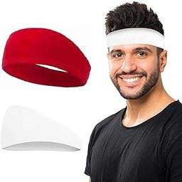 2 Pack Running Headbands for Men Sweatbands Sports Sweat Bands Workout Thin Fitness Gym Yoga Headband Men - Athletic Headbands Men Cycling Sweat Band, (White Red)-image-14