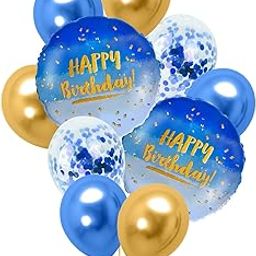 AMFIN® (Pack of 11) Happy Birthday Round Foil Balloon Combo with Golden Confetti Balloons & Curling Ribbon for Party Decorations / 1st Birthday Balloons Decoration Kit for Boy - Blue, Black & Golden-image-81