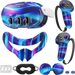 Compatible With Oculus Quest 3 Accessories: VR Silicone Face Cover, Shell Cover, Touch Controller Grip, Camera Lens Protector Set (Colorful B)-picture-9