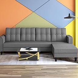 Adorn India Maddox Tufted L Shape 5 Seater Sofa Chenille Sofa Set RHS (Grey) (3 Year Warranty)-image-1