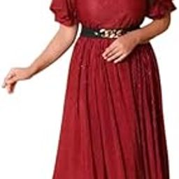 Women's Maxi Dress, Maroon Red, Flutter Sleeves, Pleated Design with Belt, Long Length-picture-14