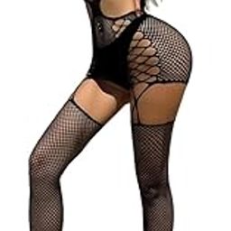 Women's Fishnet Lingerie Body Stocking Babydoll Bodysuit Sleepwear Role Play Hollow Nightwear Nightgowns (Black)-STK242-picture-40