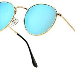 Round Metal Unisex Sunglasses Golden Frame, Blue Mirror Lens (Medium) Pack of 1-image-1