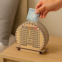 1st Time Wooden Coin & Note Saving Bank – 20,000 Rupees Goal Tracker Money Box for Kids & Adults | Round Piggy Bank for Home & Gifting-image-7