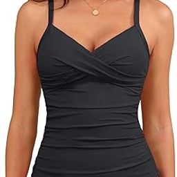 Women's Tankini Top Swimwear Twist V Neck Swimsuits Tummy Control Bathing Suits Top Only, Black, XL-image-22