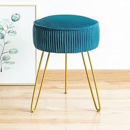 Craft Capital Velvet Vanity Stool – Makeup Ottoman Footrest with Sturdy Gold Metal Legs, Upholstered Round Stool for Bedroom, Living Room & Dressing Table – Compact & Stylish Seating (Peacock Blue)-image-19