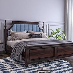 Sheeshamwallah Wooden Queen Size Bed Without Storage | Cot for Bedroom with Blue Upholstered Cushion Headboard | Solid Wood Sheesham, Walnut Finish | Mattress Size: 78 X 60-image-66