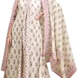 kimayra Women's Cotton Purple Calf Length Printed Flared 3/4 Sleeves V Neck Kurta Bottom Dupatta Set-picture-2