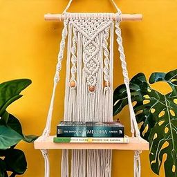ecofynd 12 inches Cotton Wall Hanging Wooden Shelf, Bohemian Boho Nordic Style for Home Decor, Floating Rack for Bedroom Living Room (SH026)-image-17