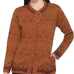 aarbee Floral Round Neck Woollen Cardigan for Women (Large, Mustard)-picture-1