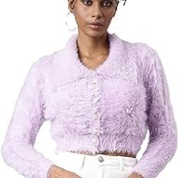 SHOWOFF Women's Long Sleeves Lapel Collar Solid Lavender Crop Cardigan-CHN-5240_Lavender-69