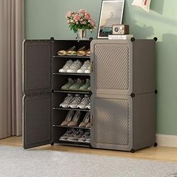 EXVITO Portable Shoe Rack for Home Plastic Shelves Household - 4 Door DIY Multipurpose Shoe Rack Organizer, Shoe Storage-Shelf with Dustproof Door Entryway for Heels/Slippers/Boots - Grey-5