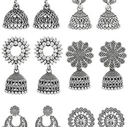 Traditional Oxidised Silver Jhumka Earrings Set, Antique Ethnic Design with Crystal Stones, 6 Pairs-11