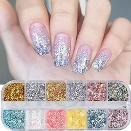 THR3E STROKES 2 Colors Glitter Nail Art Sequins, Holographic Irregular Iridescent Shiny Nail Flakes Decorations 3D Ultra-Thin Powder Nail Art Design for Women Manicure Sparkly Acrylic Supplies, Resin Nail Art Tips (D36)-image-32
