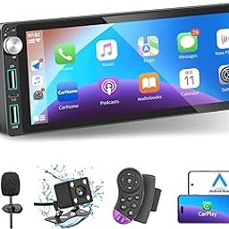 Single Din Car Stereo with Apple Carplay Android Auto,6.9 Inch IPS Touch Screen Car Stereo with Backup Camera, Car Radio Support Mirror Link Bluetooth Handsfree FM AM USB EQ SWC-10