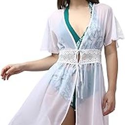 Women Crocheted Half Sleeves White Sheer Robe Cover Up-image-62