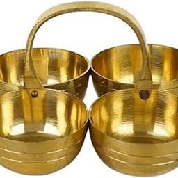 Effigy onlinehub BrassSmall Brass Puja Roli Chawal, Elaichi, Mishri 4 Bowl Stand/Brass Chowmukh Haldi Kumkum Holder Chowmukh 4 Bowl Holder Patra for Home Temple (Medium)-image-12