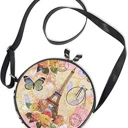 Rose Blossom Paris Eiffel Tower Round Crossbody Bag Canvas Messenger Purse-picture-39