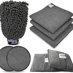 SOFTSPUN Microfiber Chenille & SingleSide Gloves 1700GSM & 2 Round & 2Square Polishing Pads with Towel 340GSM 3Piece Pack of 8 Combo Grey Multipurpose SuperAbsorbent and Perfect Car wash Cleaning kit.-5