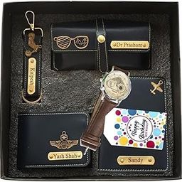 Your Name Customized Leather Passport Holder, Sunglasses Cover and Men's Wallet with Mens Watch and Keychain Gifts - Rakshabandhan Personalized Gifts (Black)-image-35