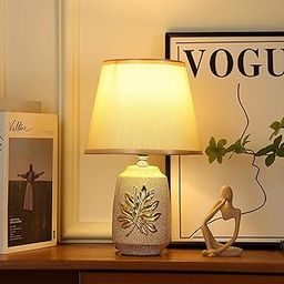 HOME ELEMENTS Decorative Ceramic Table Lamp with Gold Leaf Design, Cream Fabric Shade, Bedside Night Light for Bedroom Living Room, Home Decor Items, Study Lamp, Reading Desk lamp 20x32cm (Beige)-46