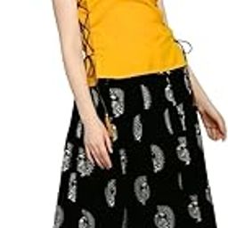 Tulzi Women's Cotton Crop Top and Skirt Set – Mustard Yellow Top with Black Ethnic Print Skirt-image-35