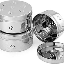 Dharam Paul Traders® Stainless Steel Dhaniya dibba, Coriander Storage Box,Hole Puri Dabbas/Sprout Maker/Flat Canisters with Air Ventilation Heavy Weight, Set of 3.-image-26