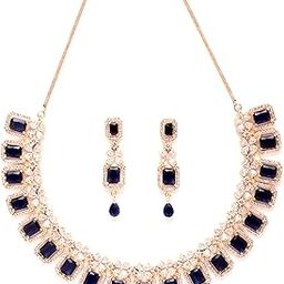 Rose Gold Plated Blue American Diamond Necklace Set for Women-16