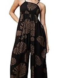 Women Black Tropical Printed Square Neck Adjustable Strappy Shoulder Smocked Long Jumpsuit-image-2