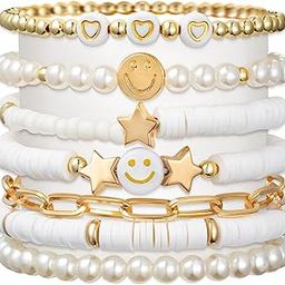 7Pcs Combo Latest Stylish Beach Surfer Bracelets Set | Colorful Preppy Heishi Bracelet | Multilayer Boho Happy Smile Heart Star Stretch Beaded Bracelets | Evil Eye Stackable Beaded Bracelets | Y2K Pearl Bracelets Set for Women Girls Teens-27