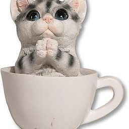 Cute Kitten in Teacup Bank, Adorable Money Bank Cat for Kids, White Gray 13 Cm Kitty Piggy Bank for Kids with Paw Cup (White Praying Kitty)-image-3