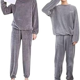 Women and Men's Wool Blend & Fleece Fur, core Velvet Full Length Winter Nightwear Pajama and top Set Free Size (Grey)-picture-43